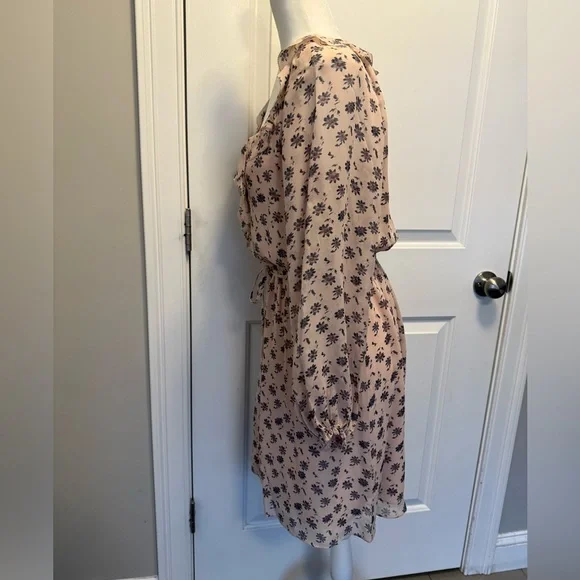 NWOT Joie Blush Pink  Floral Ruffle Tie-Waist Long Sleeve SILK Dress - Picture 3 of 8